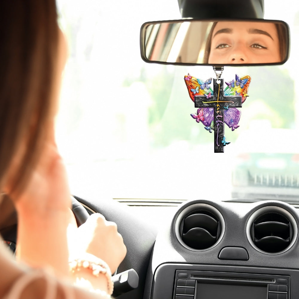 Faith Cross Butterfly Key Chain, Rearview Mirror Ornament