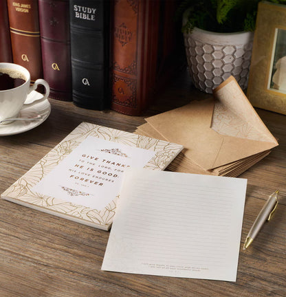 Give Thanks White and Gold Writing Paper and Envelope Set - Psalm 106:1
