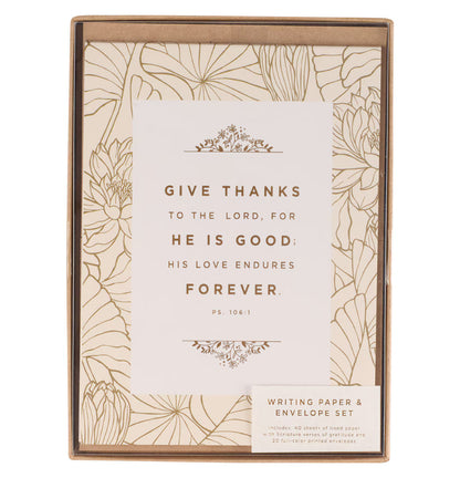 Give Thanks White and Gold Writing Paper and Envelope Set - Psalm 106:1
