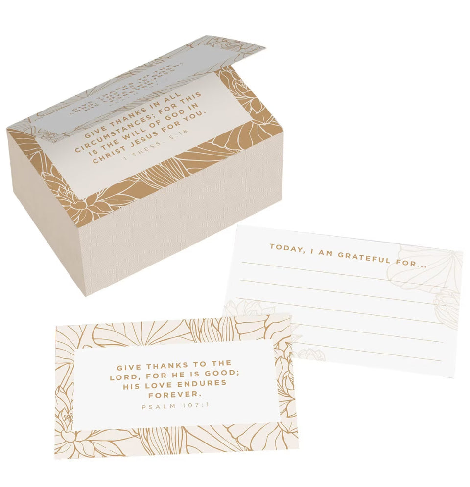 Set of gratitude cards with decorative box on a white background