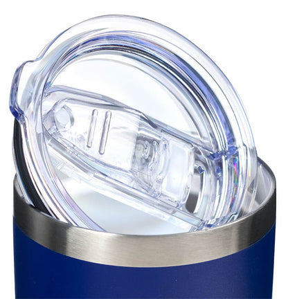 Close-up of a blue tumbler with a clear lid on a white background