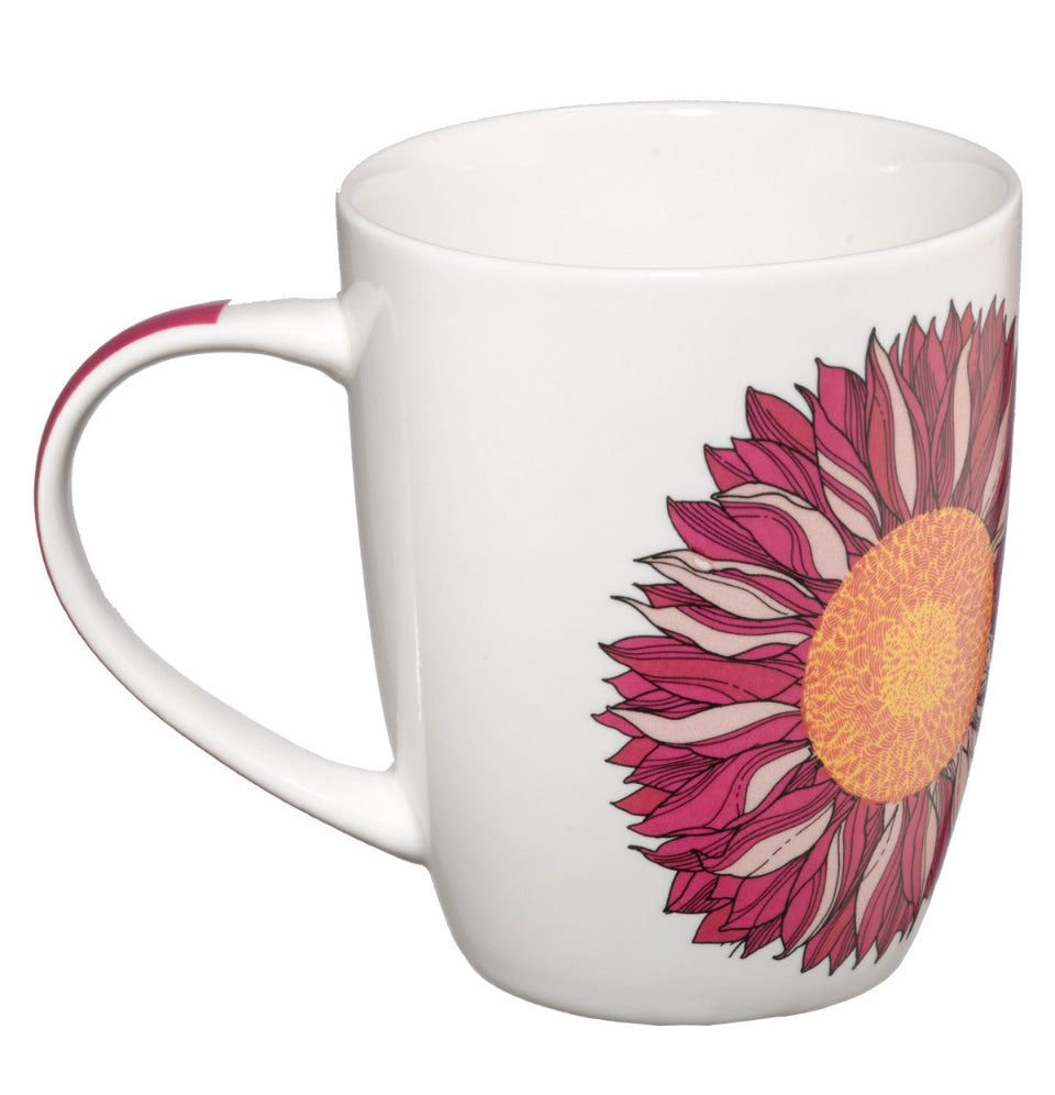 White mug with a pink sunflower design on a white background