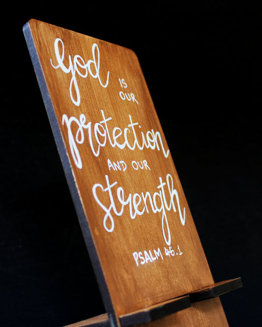 Brown painted MDF phone stand with hand painted verse