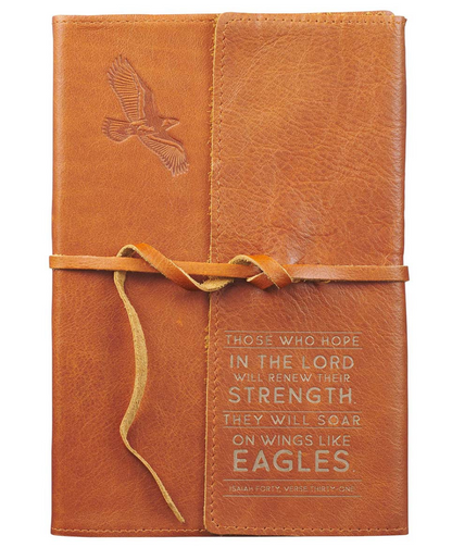 Wings of Eagles Saddle Tan Full Grain Leather Journal with Wrap Closure Isaiah 40:31