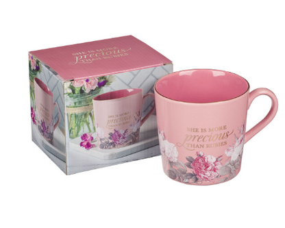 More Precious than Rubies Pink Floral Ceramic Coffee Mug Proverbs 31:10