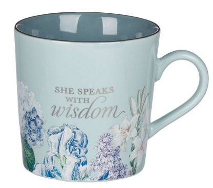 She Speaks with Wisdom Blue Floral Ceramic Coffee Mug Proverbs 31:26