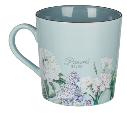 She Speaks with Wisdom Blue Floral Ceramic Coffee Mug Proverbs 31:26