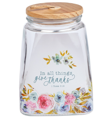 Give Thanks Pink Ranunculus Glass Gratitude Jar with Cards 1 Thessalonians 5:18