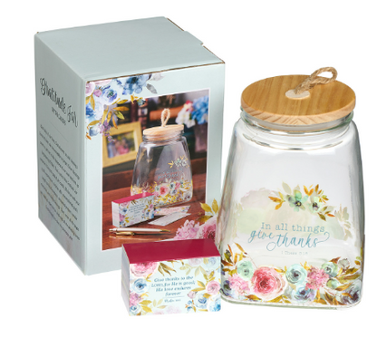 Give Thanks Pink Ranunculus Glass Gratitude Jar with Cards 1 Thessalonians 5:18