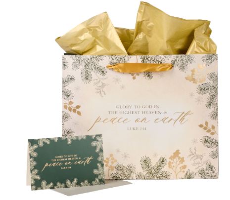 Glory to God Green Pines Large Landscape Christmas Gift Bag with Card Luke 2:14
