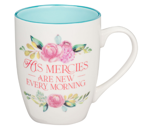 His Mercies are New Pink Peonie Ceramic Coffee Mug - Lamentations 3:22-23