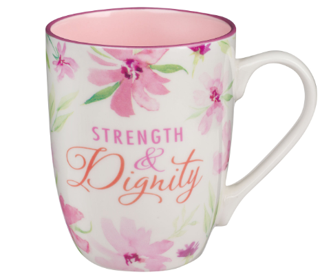 Strength and Dignity Pink Blossom Ceramic Coffee Mug - Proverbs 31:25