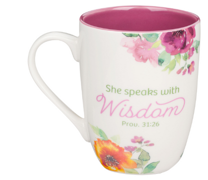She Speaks With Wisdom Pink Floral Ceramic Coffee Mug - Proverbs 31:26