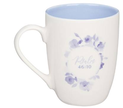 Be Still and Know Blue Blooms Ceramic Coffee Mug - Psalm 46:10