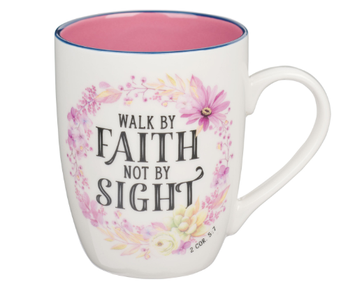 Walk By Faith Not Sight Pink Wreath Ceramic Coffee Mug - 2 Corinthians 5:7