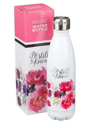 Be Still & Know White Floral Stainless Steel Water Bottle - Psalm 46:10