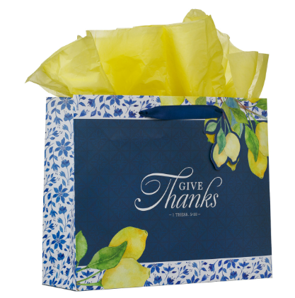Give Thanks Blue and Yellow Lemon Large Landscape Gift Bag - 1 Thessalonians 5:18