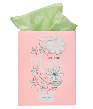 I Love You Mom Pink and White Daisy Medium Gift Bag - 1 Corinthians 13:4