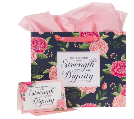Strength and Dignity Pink Rose Large Landscape Gift Bag with Card Set 