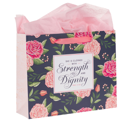 Strength and Dignity Pink Rose Large Landscape Gift Bag with Card Set - Proverbs 31:25