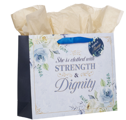 Strength and Dignity Blue Roses Large Landscape Gift Bag - Proverbs 31:25
