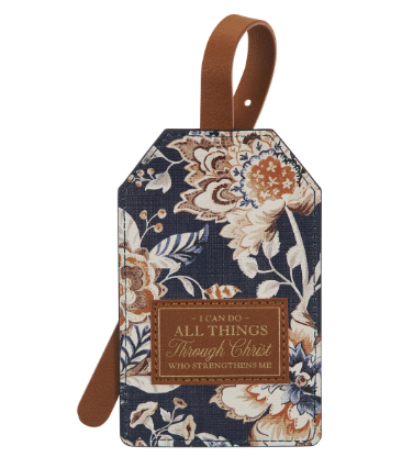 I Can Do All Things Honey-brown and Navy Floral Faux Leather Luggage Tag