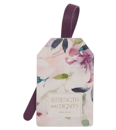 Strength and Dignity Purple Floral Faux Leather Luggage Tag