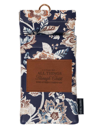 I Can Do All Things Honey-Brown and Navy Floral Faux Leather Double Eyeglass Case