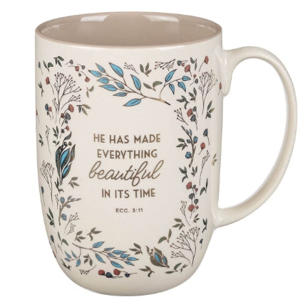 Everything Beautiful Cream Floral Ceramic Coffee Mug - Ecclesiastes 3:11