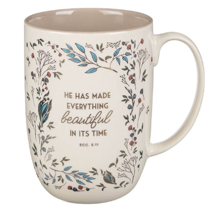 Everything Beautiful Cream Floral Ceramic Coffee Mug - Ecclesiastes 3:11