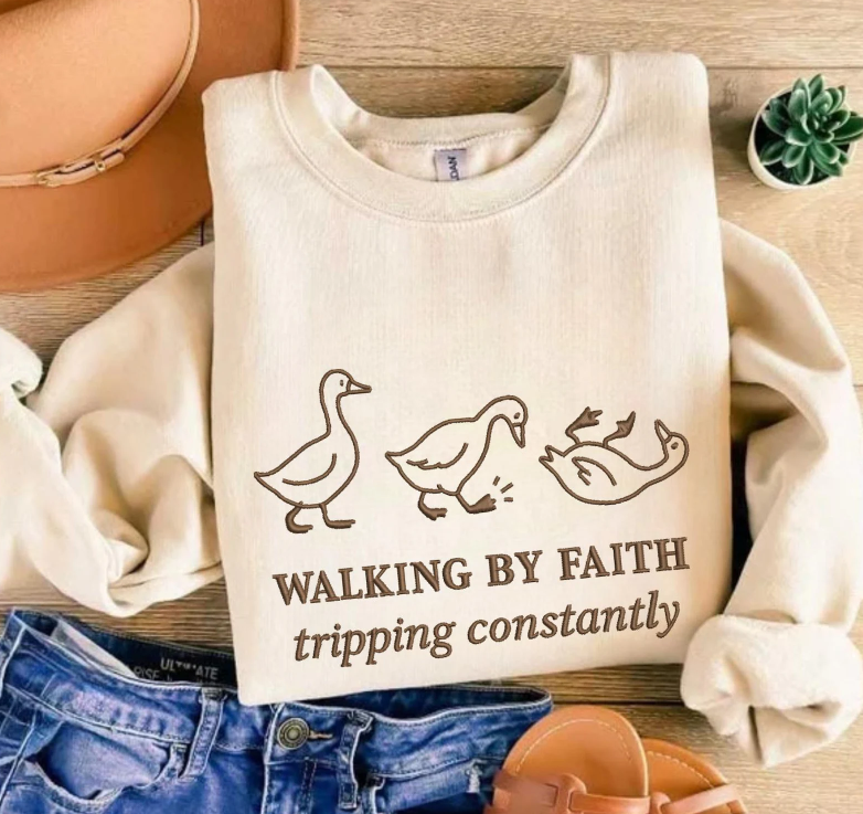 Walking By Faith Tripping Constantly Embroidered Shirt, Embroidered Pullover, Christian Tee, Embroidered Shirt, Christian Sweatshirt, Christian Gift