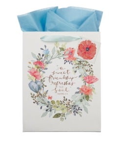 Sweet Friendship Bright Floral Wreath Large Portrait Gift Bag - Proverbs 27:9