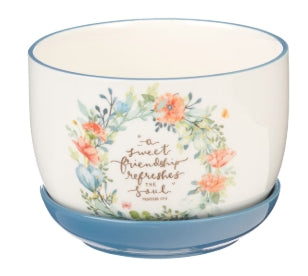 Sweet Friendship Bright Floral Wreath Ceramic Planter with Saucer - Proverbs 27:9
