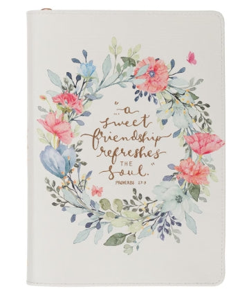 A Sweet Friendship Bright Floral Wreath Faux Leather Classic Journal with Zipper Closure - Proverbs 27:9