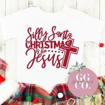 White shirt with red text 'Silly Santa Christmas is for Jesus' and plaid design, featuring 'GG CO.' logo.
