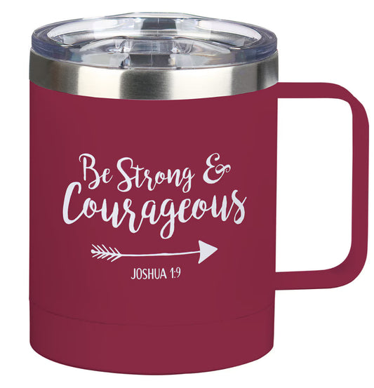 A red stainless steel camp style mug with 'Be Strong & Courageous' text and an arrow graphic from Joshua 1:9.