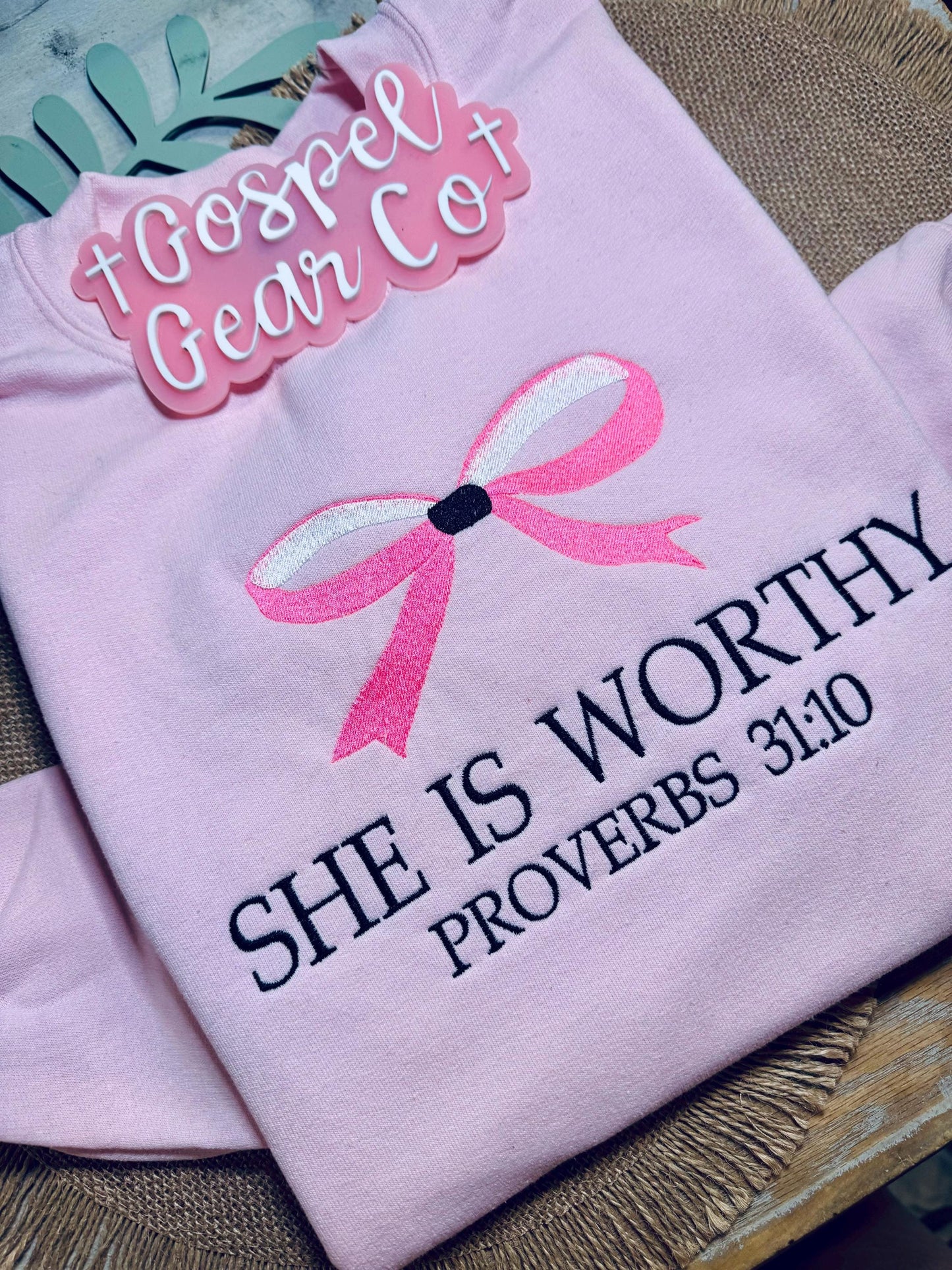 She Is Worthy Embroidered Shirt, Embroidered Pullover, Bow Sweatshirt, Christian Girly Shirt, Embroidered Sweatshirt, Christian Gift, Tee