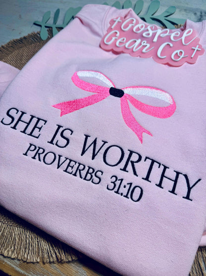 She Is Worthy Embroidered Shirt, Embroidered Pullover, Bow Sweatshirt, Christian Girly Shirt, Embroidered Sweatshirt, Christian Gift, Tee