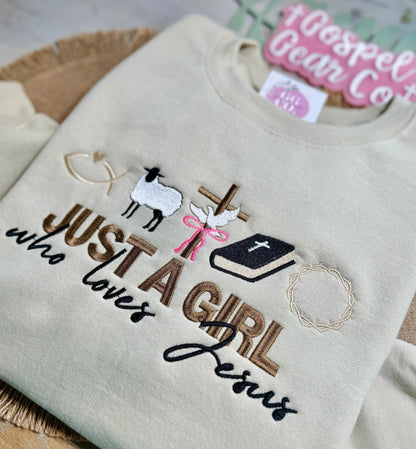 Just A Girl Who Loves Jesus Embroidered Shirt, Embroidered Pullover, Christian Sweatshirt, Jesus Pullover, Christian Gift, Christian Tee