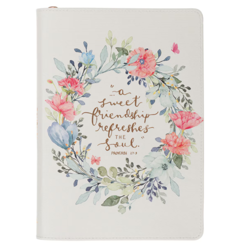 A Sweet Friendship Bright Floral Wreath Faux Leather Classic Journal with Zipper Closure - Proverbs 27:9