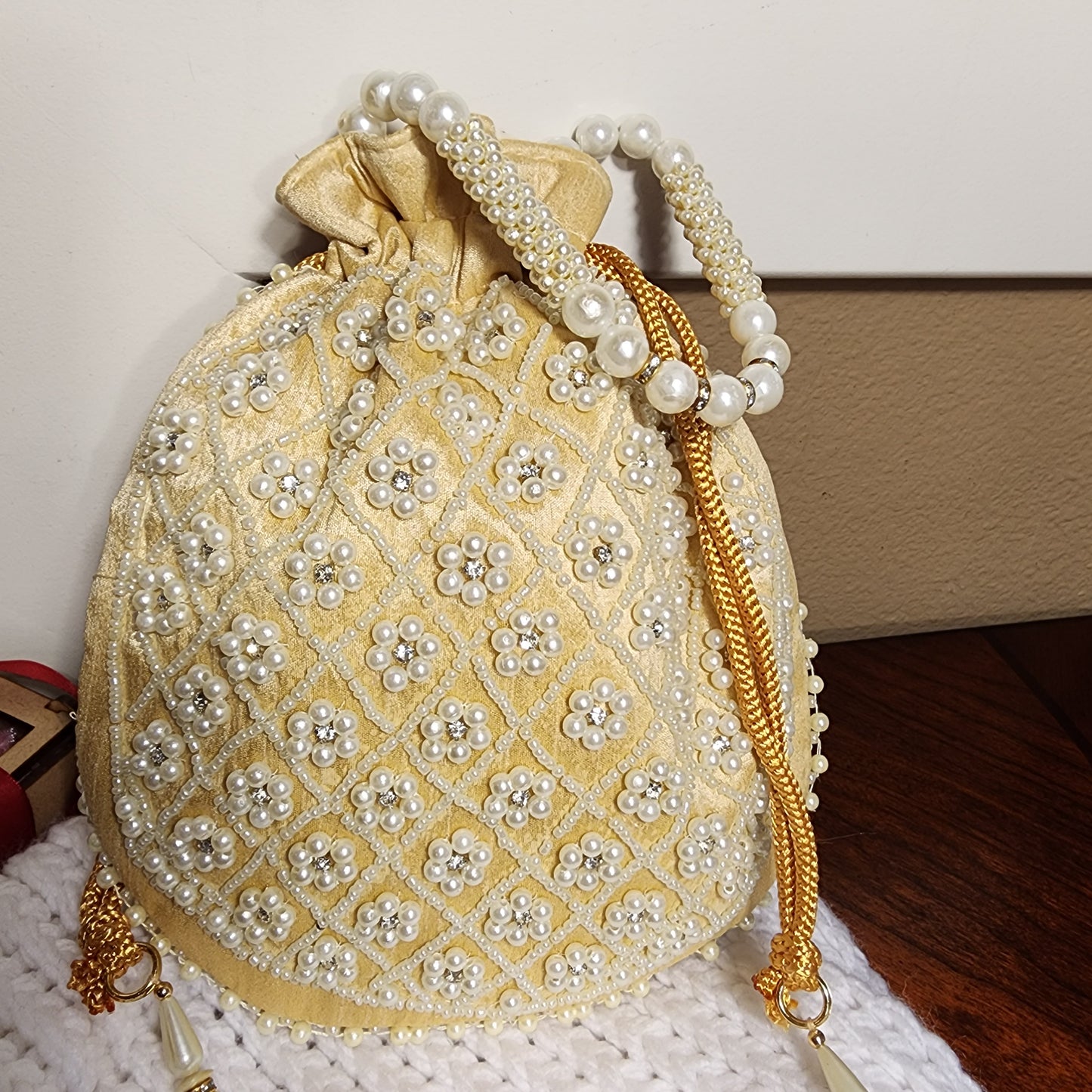 Statement Potli Drawstring Bag with Embellishments by Rachel Christian
