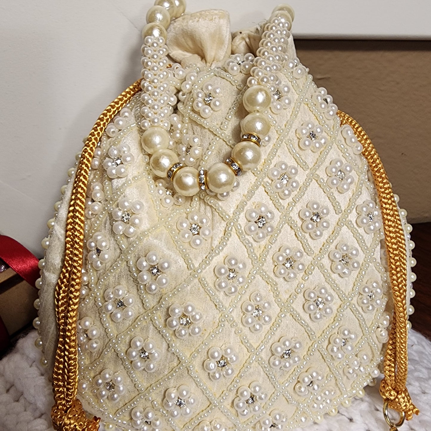 Statement Potli Drawstring Bag with Embellishments by Rachel Christian
