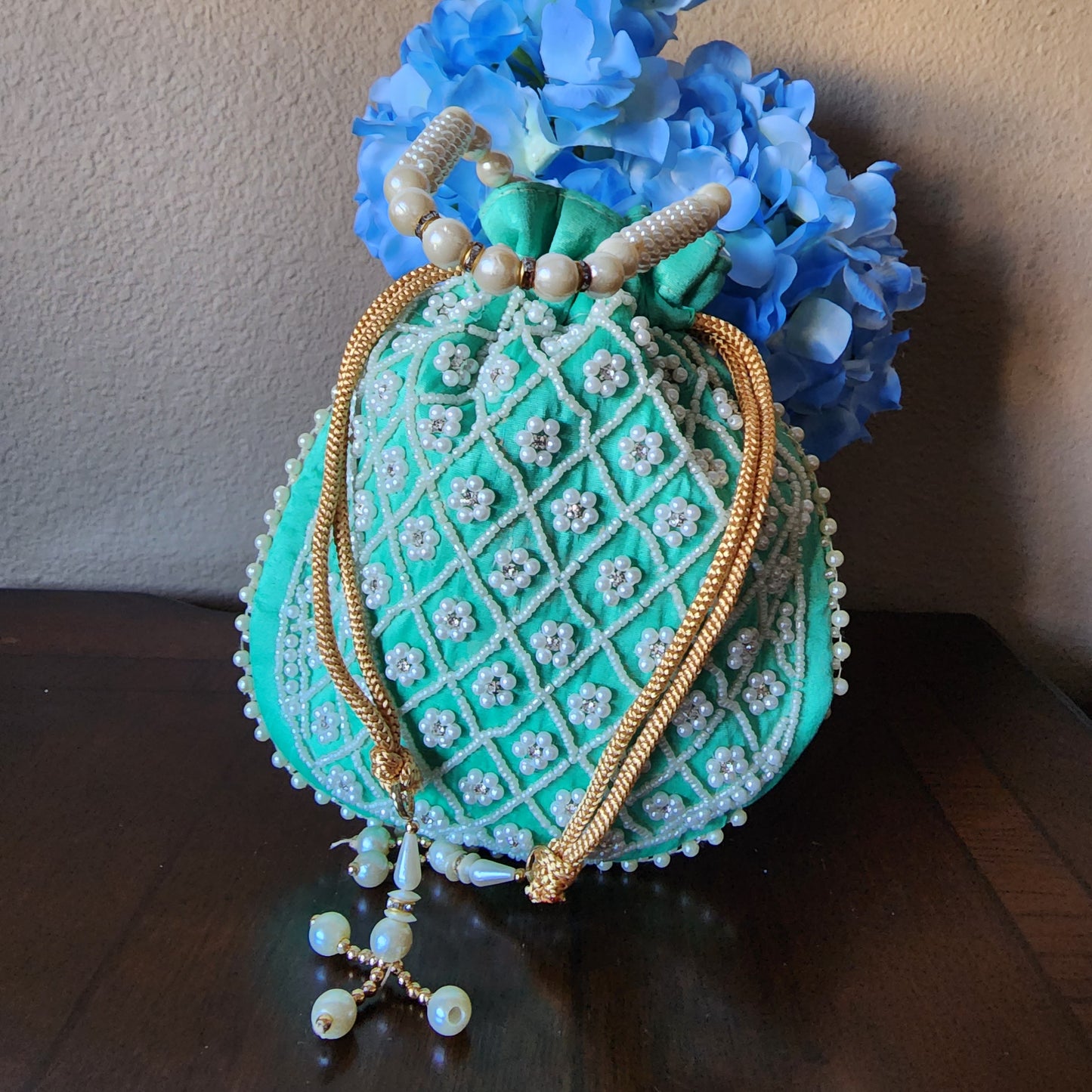 Statement Potli Drawstring Bag with Embellishments by Rachel Christian